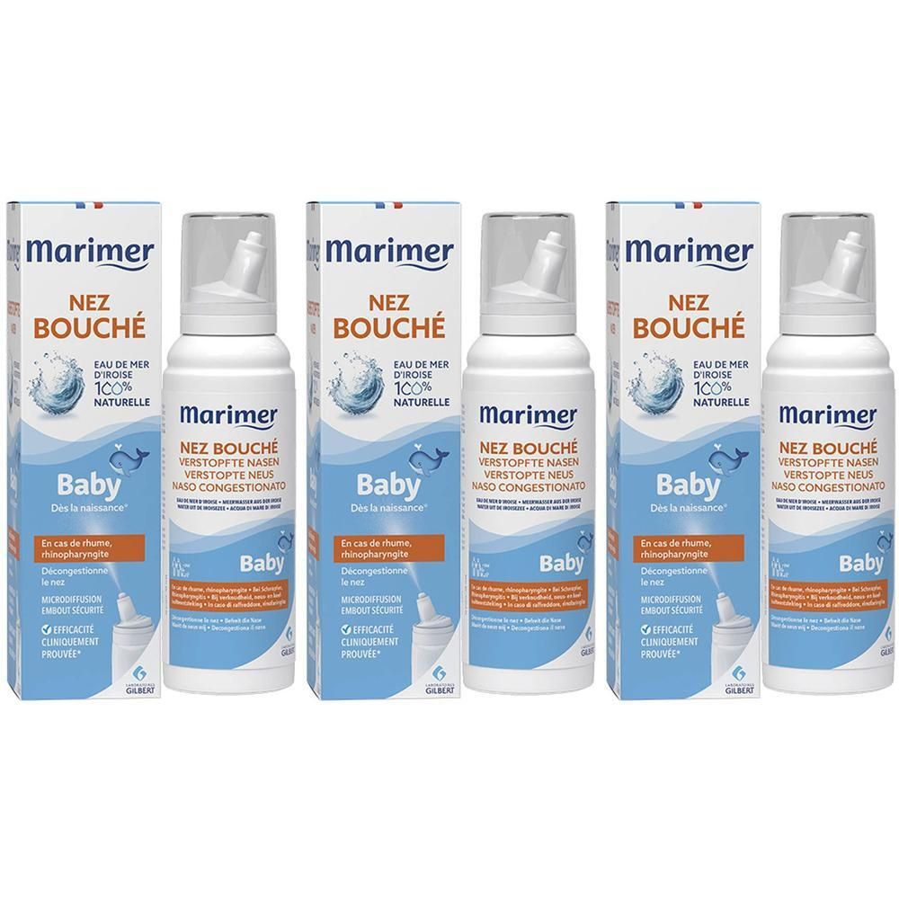 Cinq flacons de spray nasal Marimer Baby pour nez bouché.