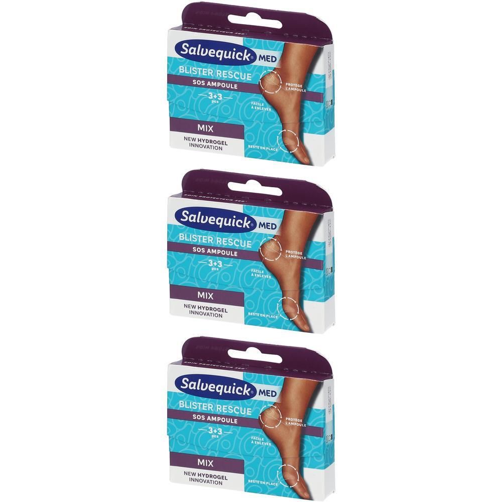 Drie pakken Salvequick Blister Rescue SOS Ampoule MIX. Toont een voet met blarenpleisters.