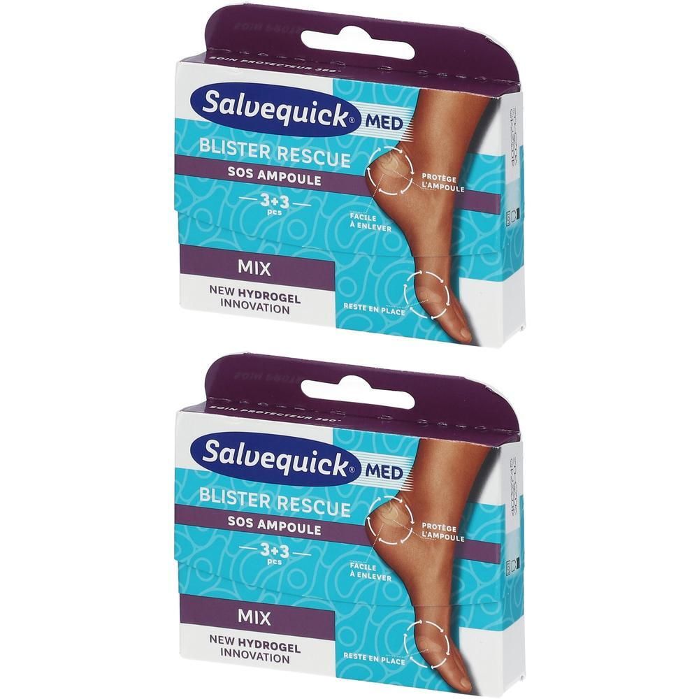 Deux boîtes de Salvequick Blister Rescue Mix avec pansements hydrogel pour ampoules.