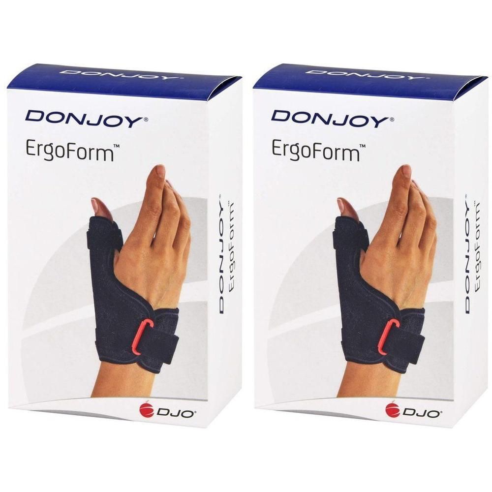 Orthèse de pouce DonJoy ErgoForm sur une main, deux emballages.
