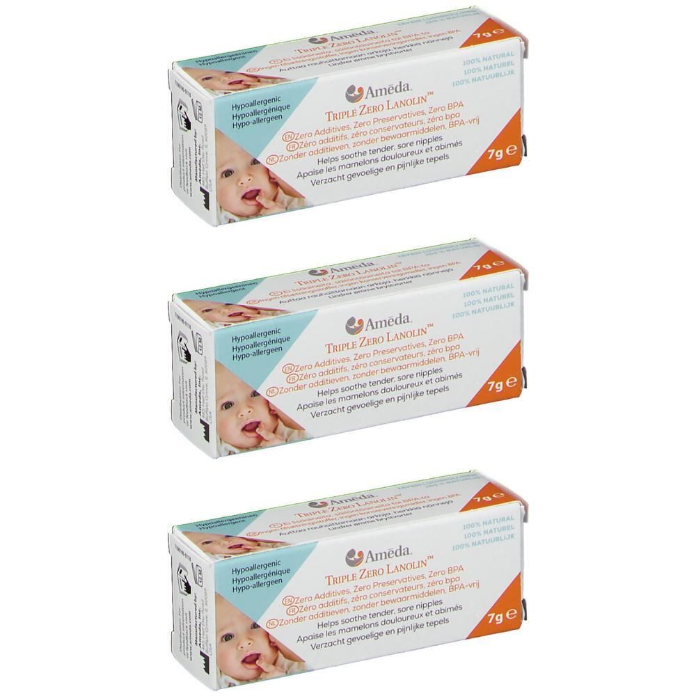 Trois paquets de Lanolin Ameda Triple Zero, 7g.