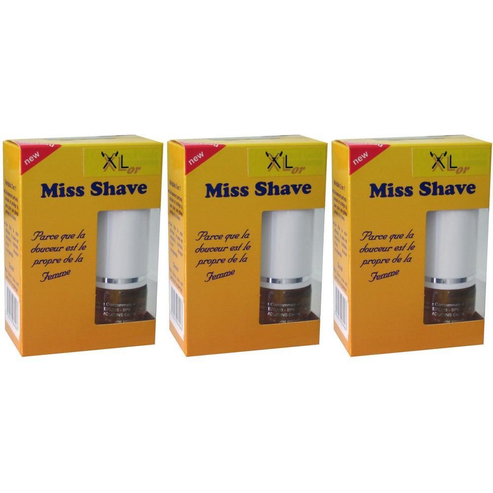 Drie dozen met Miss Shave scheervloeistof. Gele verpakking met witte en bruine fles.
