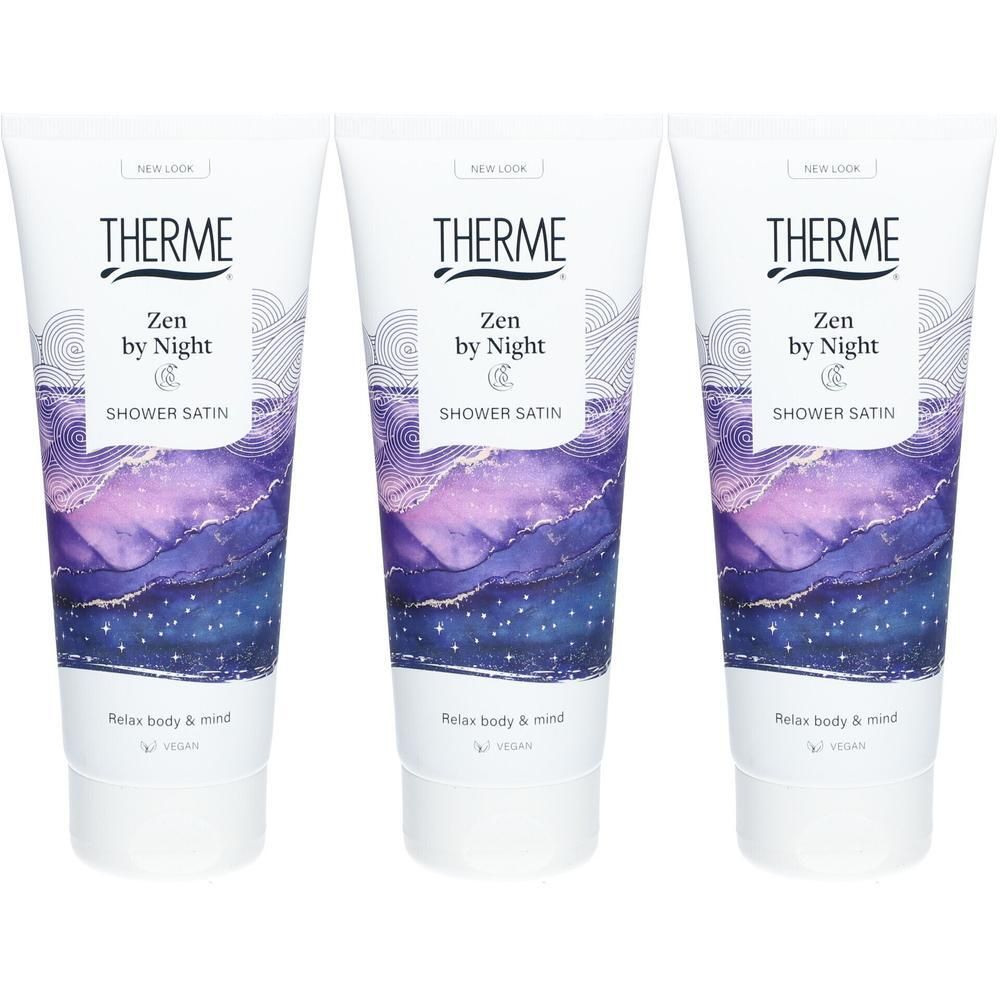 Trois tubes de "Therme Zen by Night Shower Satin" avec un design de ciel nocturne violet et bleu. "New Look" et "Relax body & mind" sont imprimés.