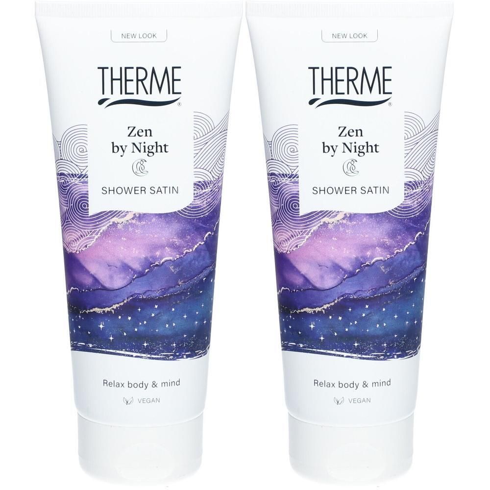 Deux tubes de Douche Satin "Zen by Night" de Therme. Motif paysage nocturne violet et bleu.