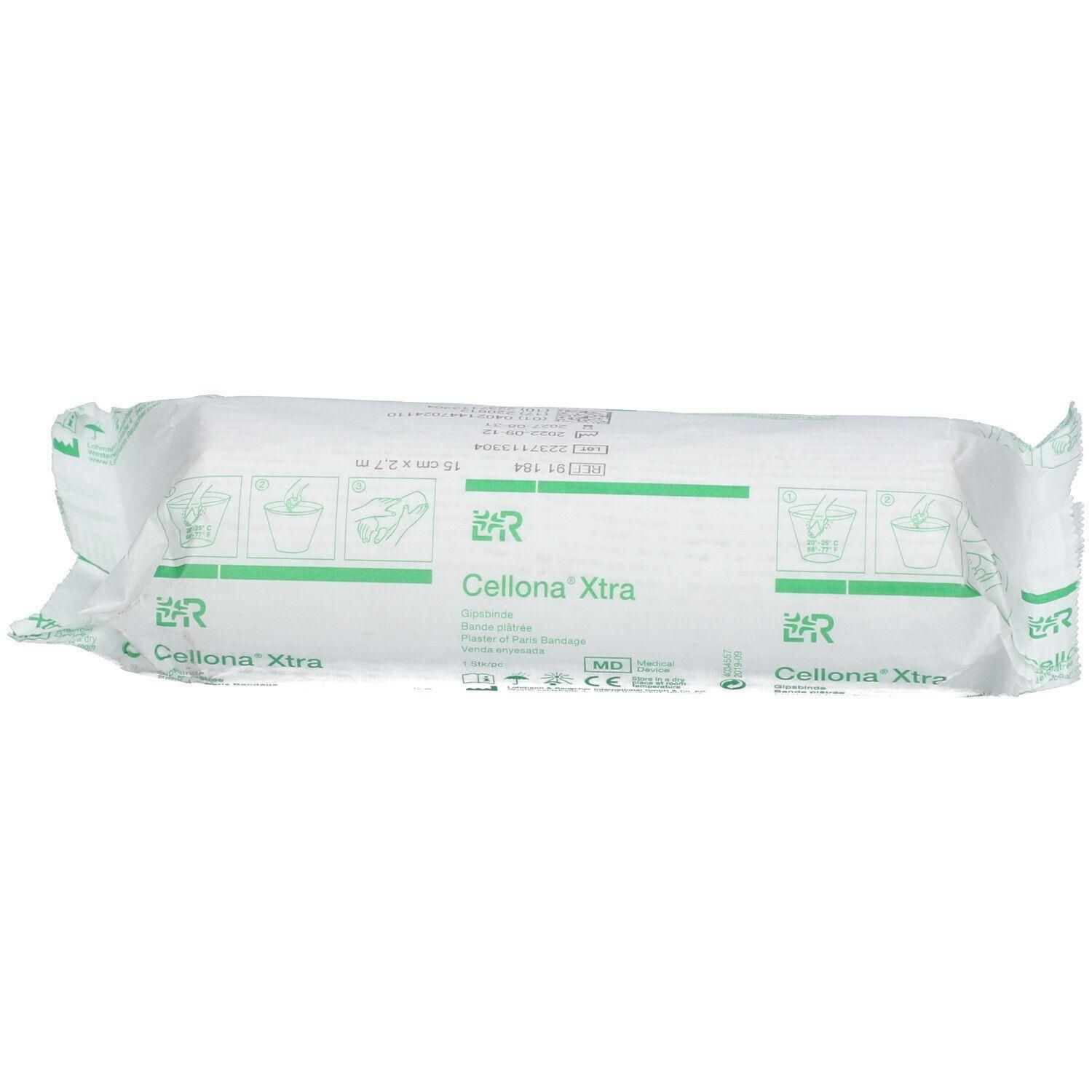 Pansement Cellona Xtra, plat, dans un emballage blanc avec symboles et texte verts.