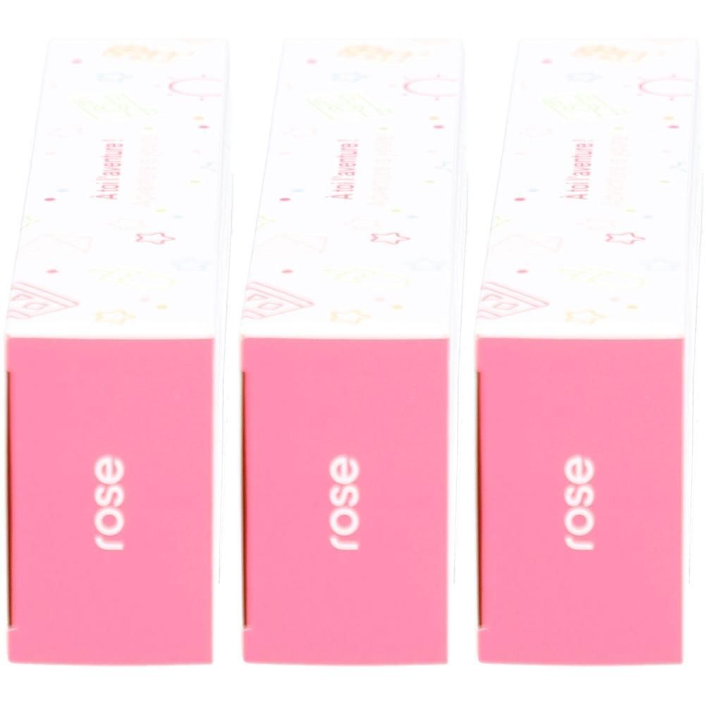 Drie roze verpakkingen met de tekst "rose".