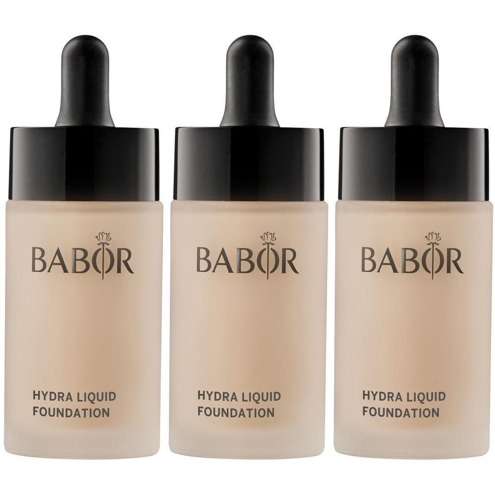 Drie Babor Hydra Liquid Foundation flesjes met druppeldop.