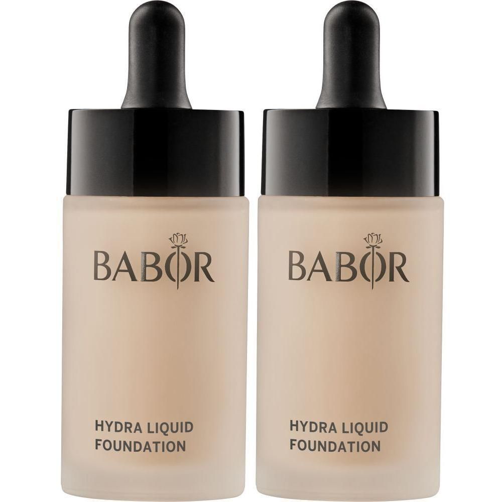 Deux flacons de Babor Hydra Liquid Foundation avec bouchon compte-gouttes.