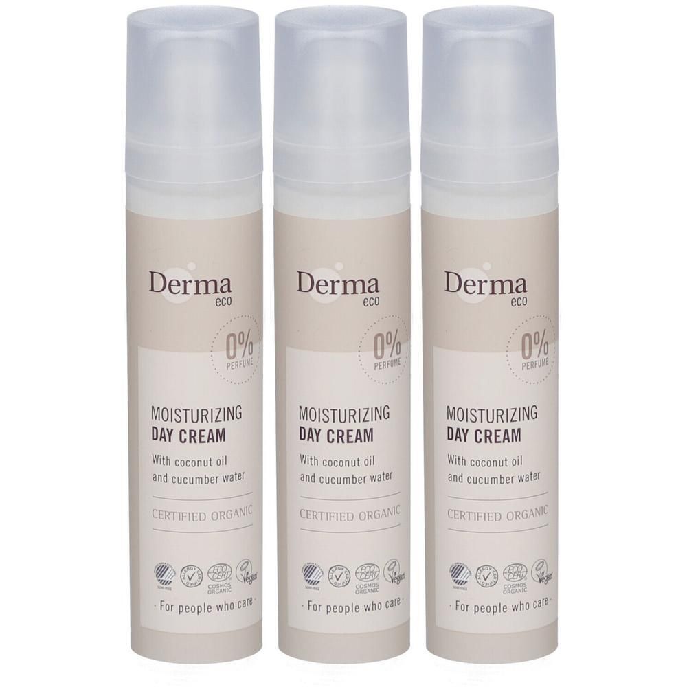 Trois flacons de crème de jour hydratante Derma Eco, 0% parfum, certifiée bio.