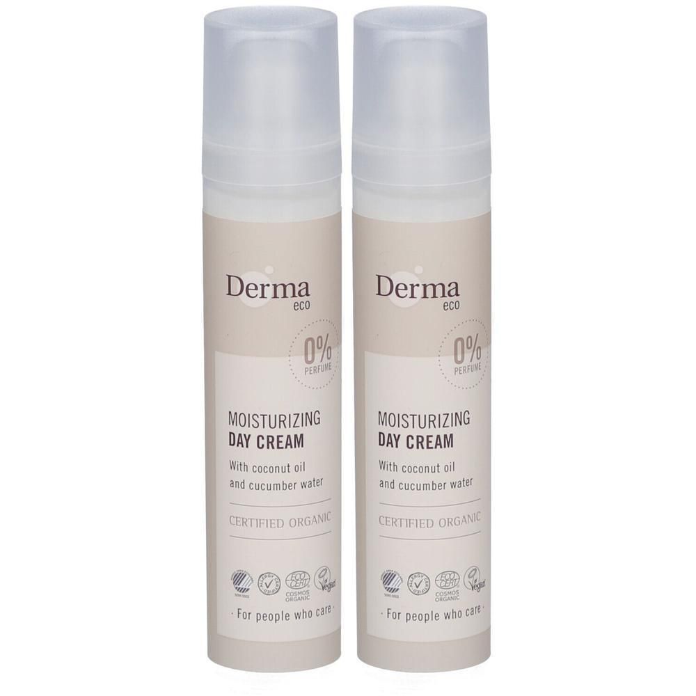 Twee flessen Derma Eco hydraterende dagcrème met kokosolie en komkommerwater. Gecertificeerd biologisch.
