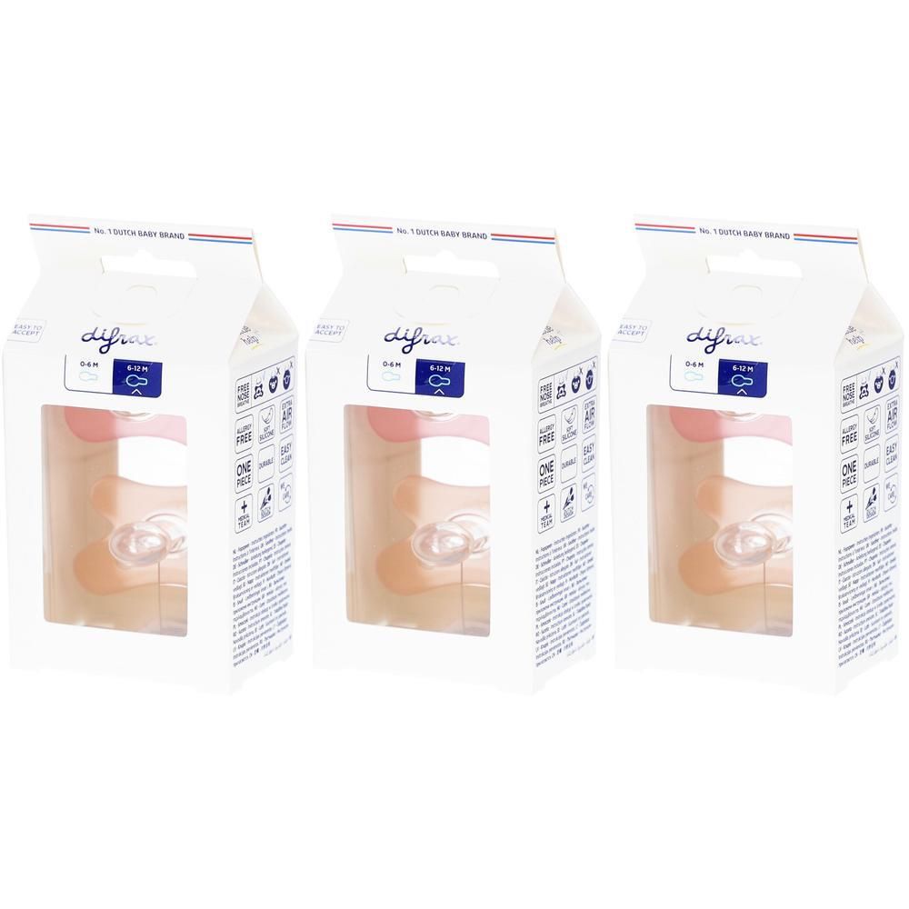 Trois paquets de sucettes Difrax Rose-Pêche, contenant chacune deux tétines en silicone pour 6-12 mois.