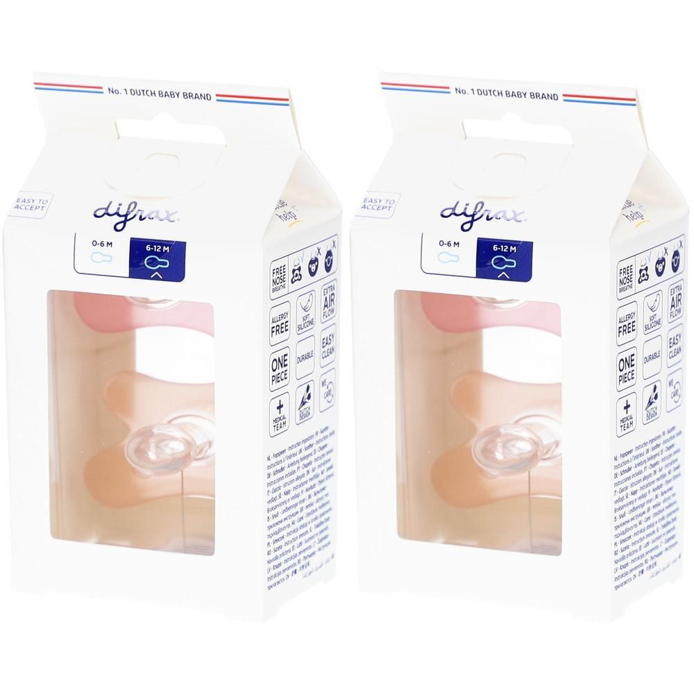 Deux sucettes Difrax Rose-Pêche, 6-12 mois, dans leur emballage.
