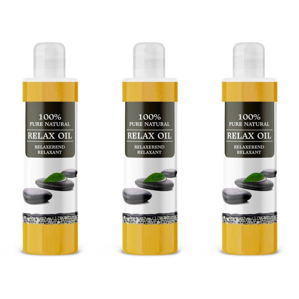 Drie flessen 100% pure natuurlijke relaxolie met steendecoratie.