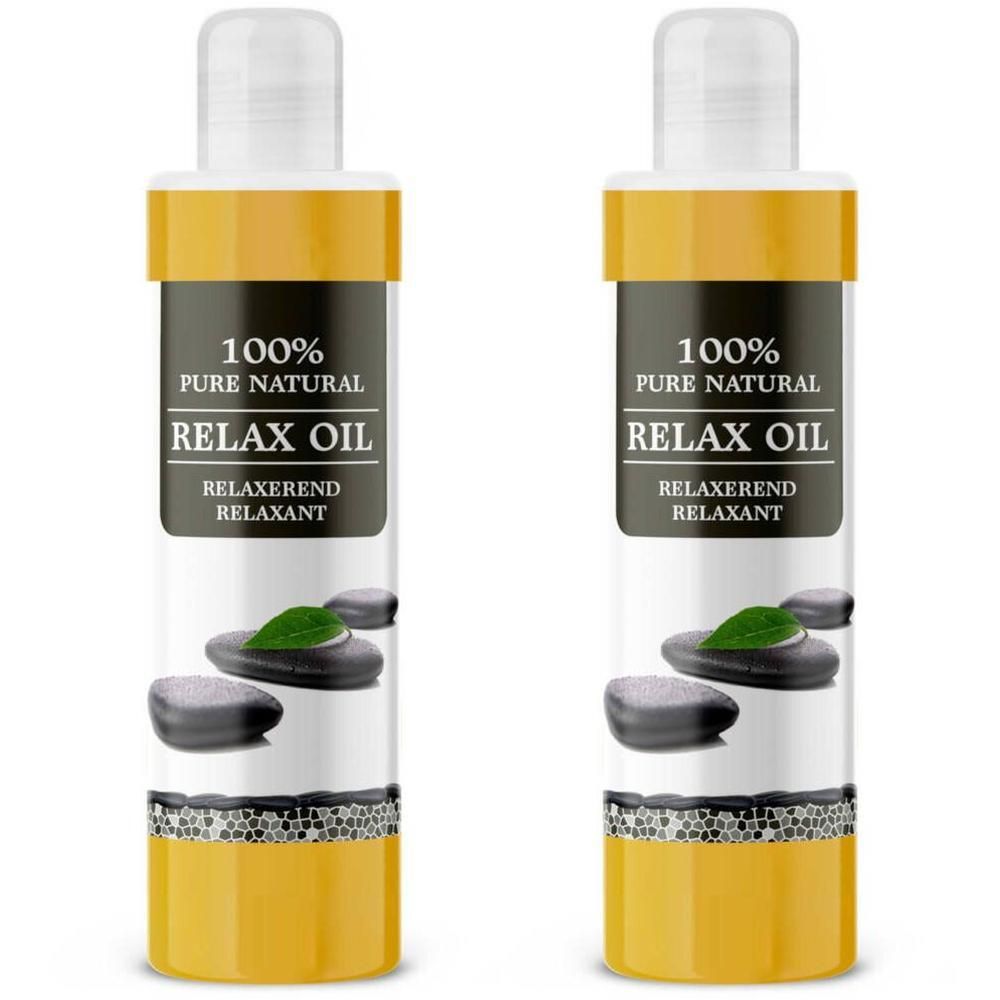 Twee flessen 100% pure natuurlijke relaxolie met steendecoratie.