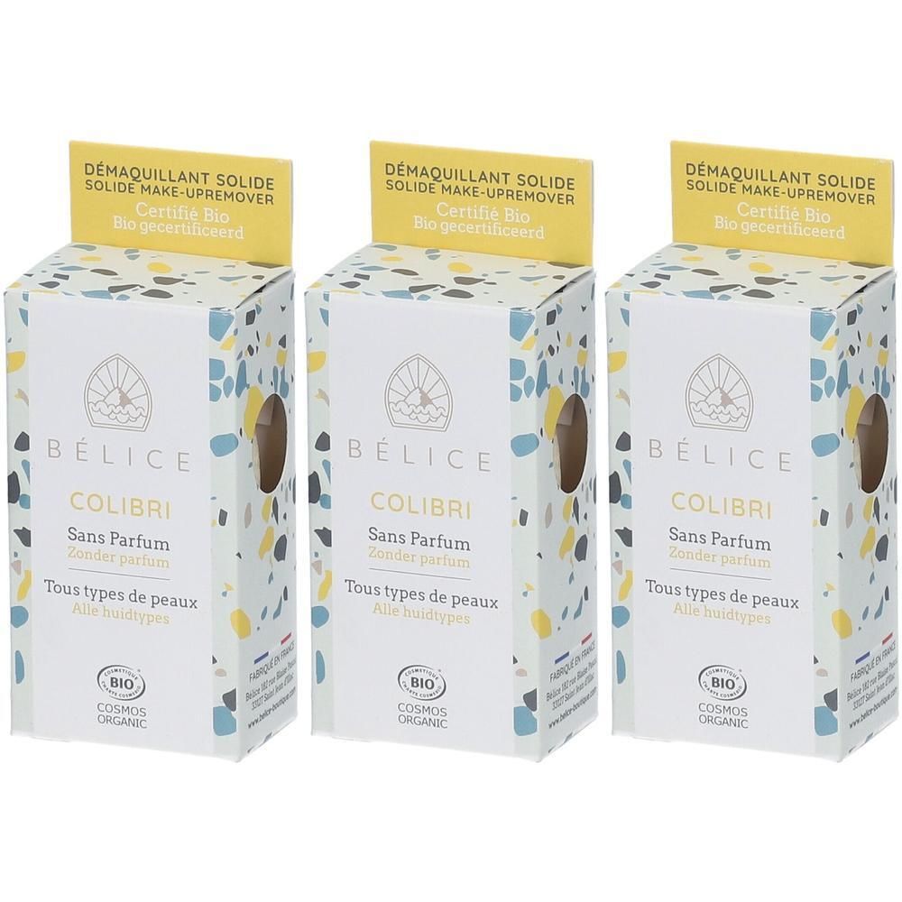 Drie verpakkingen Bélice Colibri vaste make-up remover, zonder parfum, voor alle huidtypen, Bio gecertificeerd.