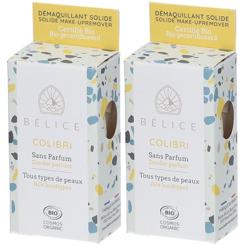 Twee verpakkingen Bélice Colibri vaste make-up remover, Bio gecertificeerd, voor alle huidtypen.