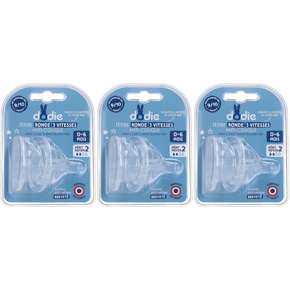 Trois Dodie tétines, 0-6 mois, 3 vitesses, anti-colique.