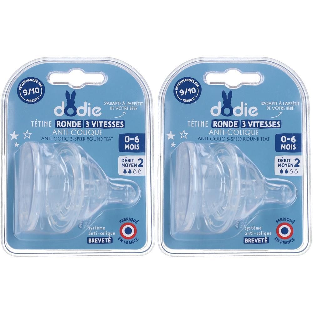 Twee Dodie Anti-koliek speentjes, 0-6 maanden, 3 snelheden, gemiddelde doorstroming.