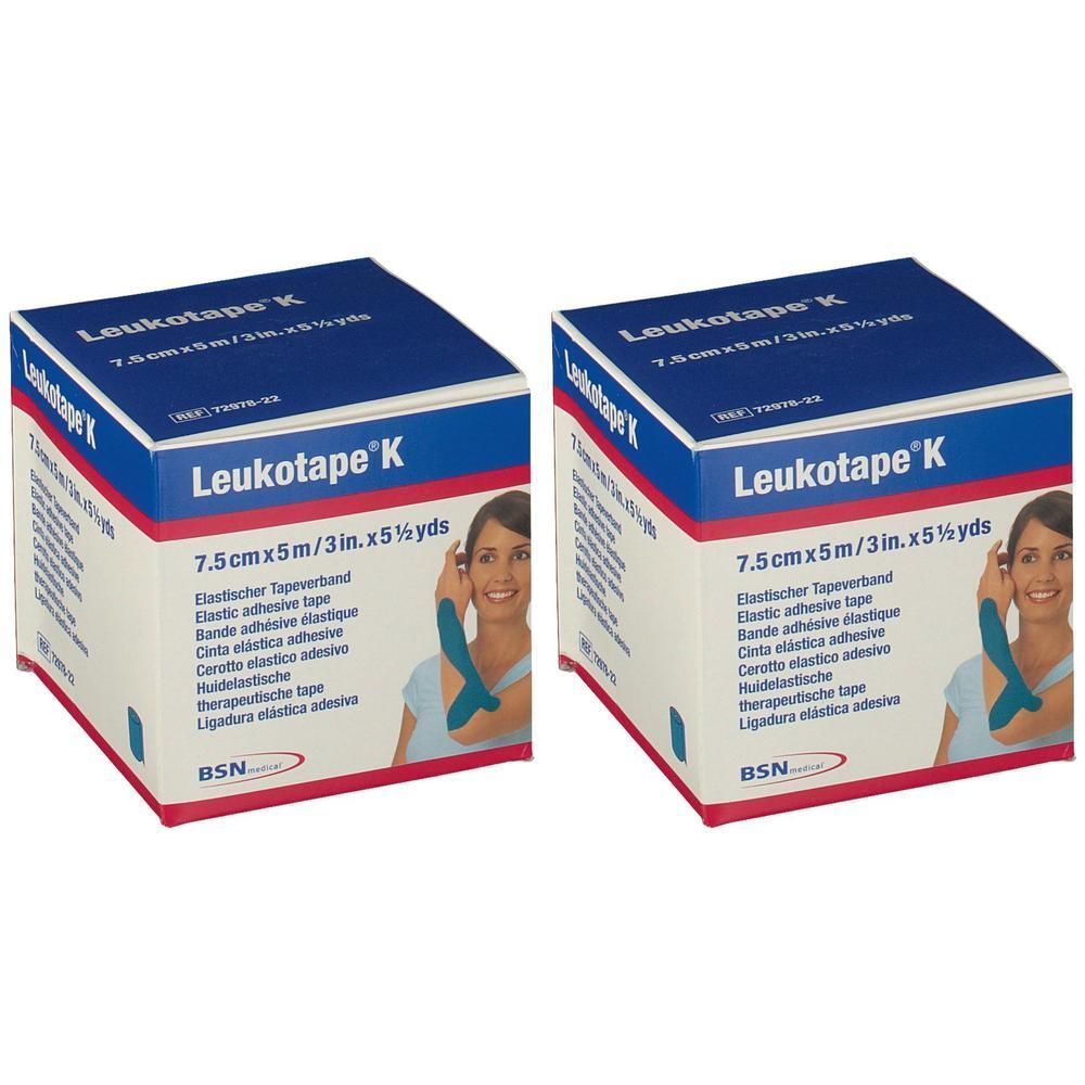 Twee verpakkingen Leukotape K, elastisch tape, 7,5cm x 5m.