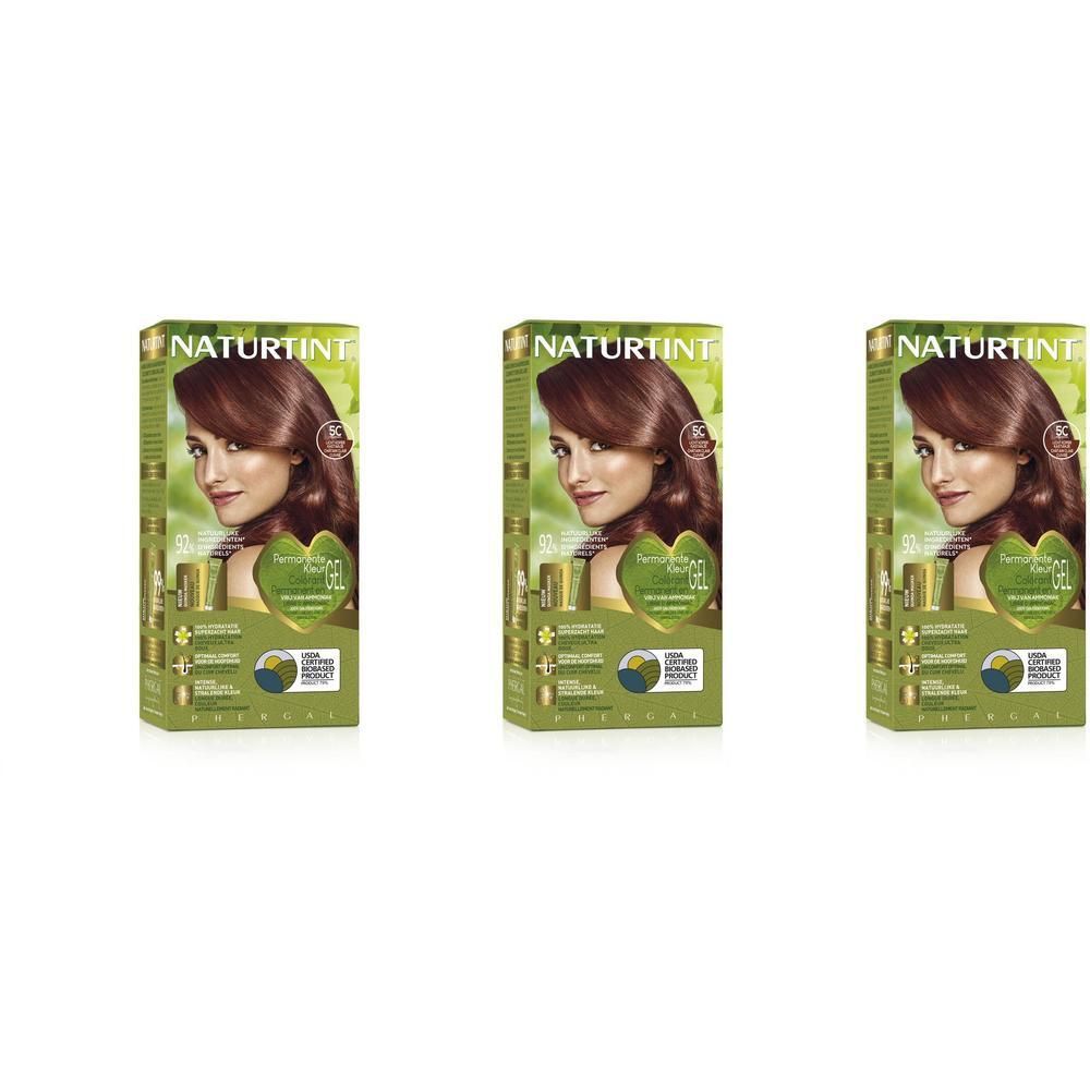 Drie pakken Naturtint® Colorant Permanent 5C Châtain Clair Cuivré met model.