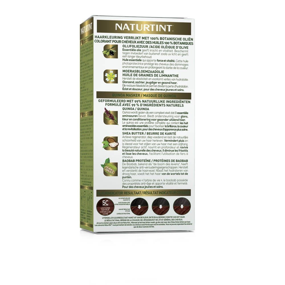 Achterkant van een pak Naturtint® Colorant Permanent 5C Châtain Clair Cuivré met ingrediënten en kleurexemplaren.
