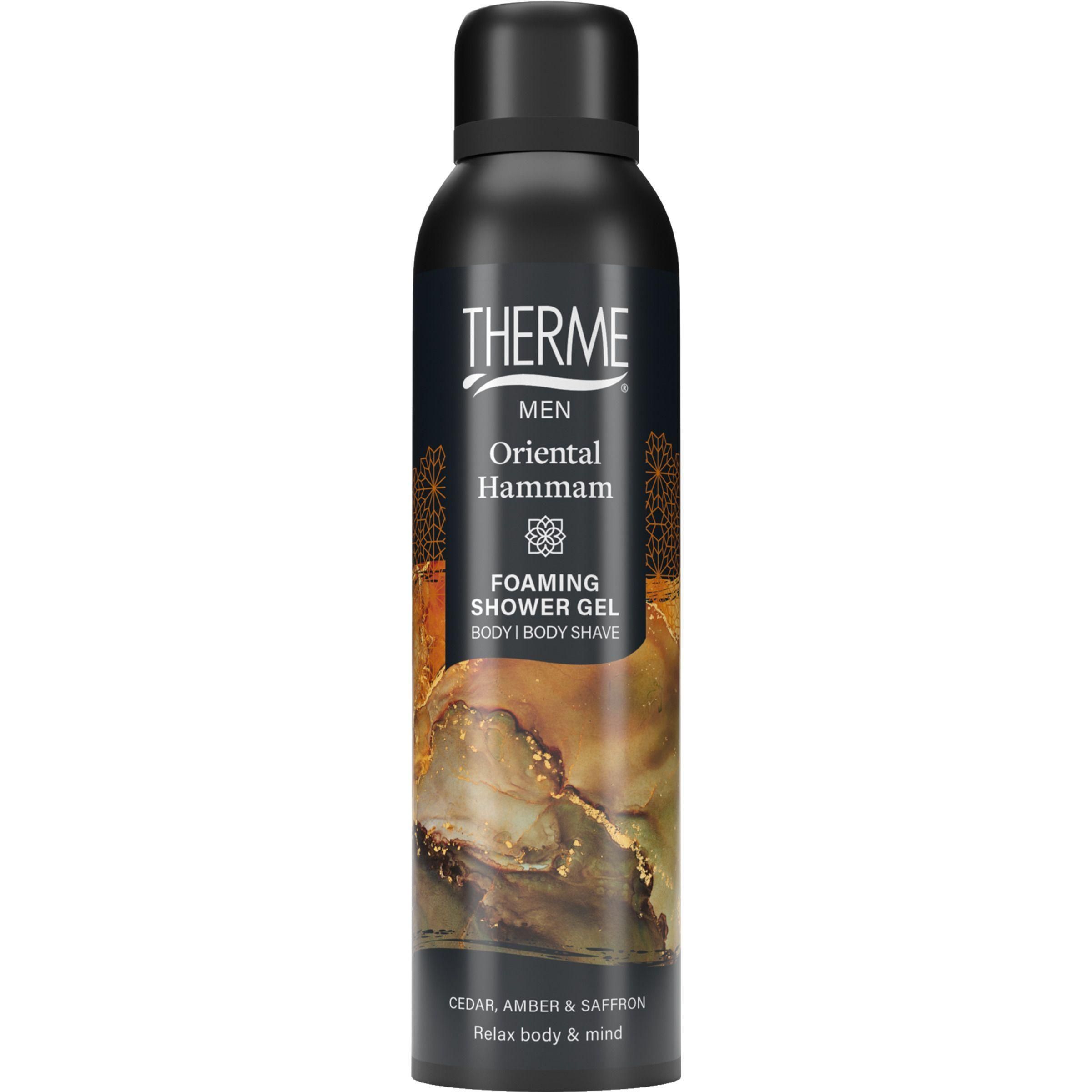 Gel douche moussant Therme Oriental Hammam pour hommes, flacon noir avec des accents dorés et un motif oriental.