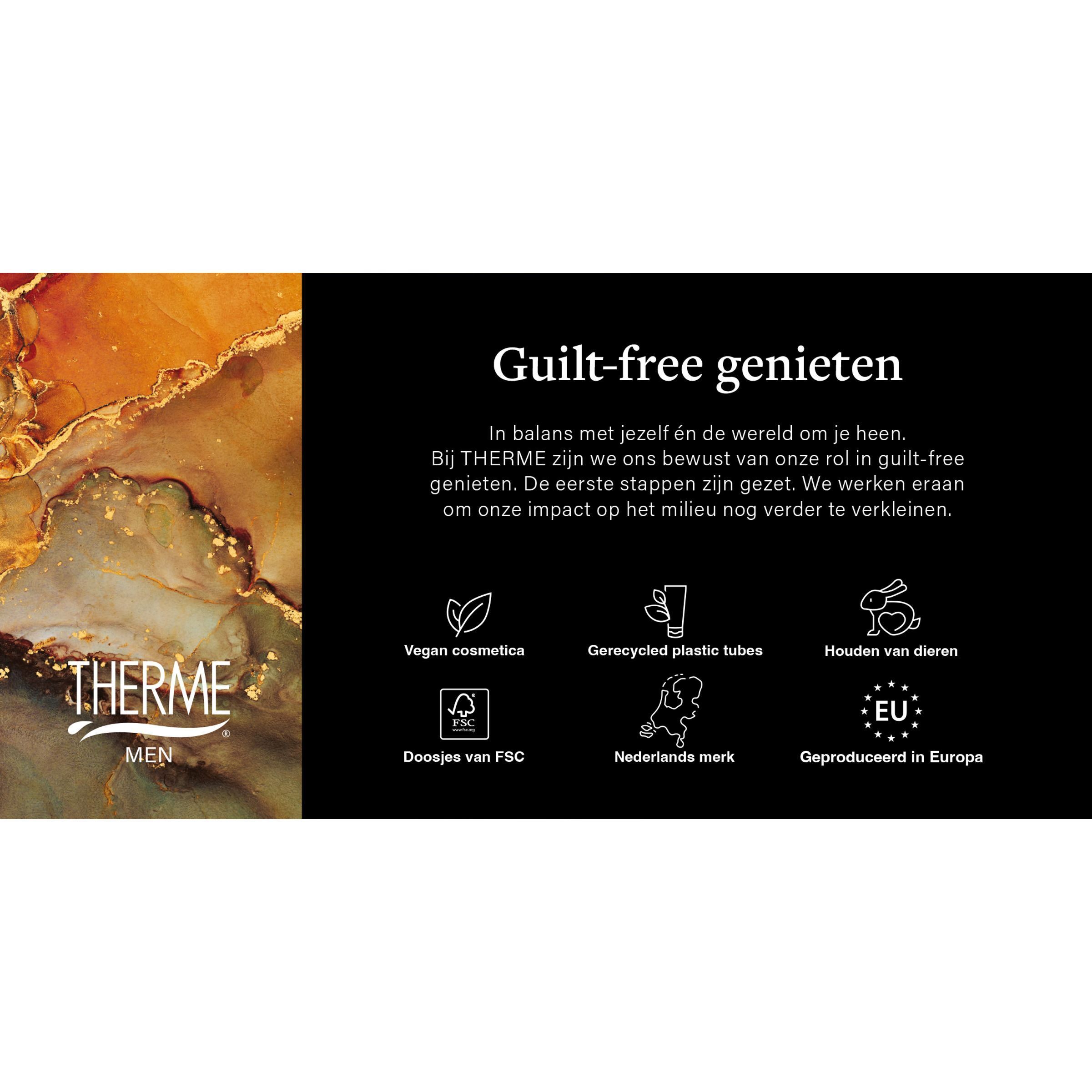 Therme Oriental Hammam: keurmerken voor vegan cosmetica, gerecyclede tubes, dierproefvrij, FSC en EU-productie.