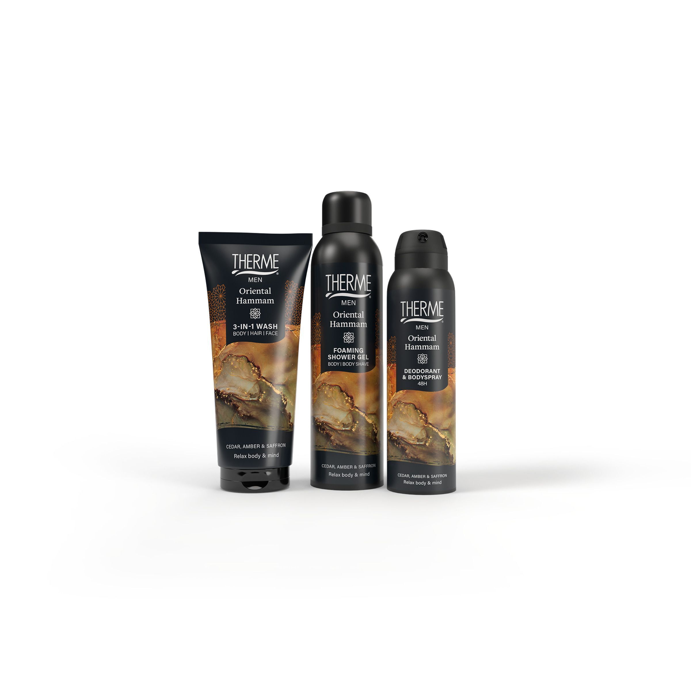 Therme Oriental Hammam : gel douche, douche mousse et déodorant dans des emballages noirs à motif oriental.