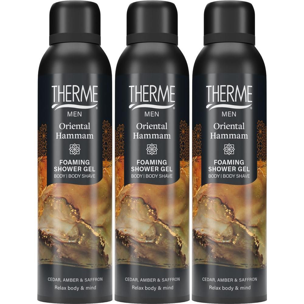 Trois flacons noirs de Gel Douche Moussant Therme Oriental Hammam pour hommes, senteur cèdre, ambre et safran.