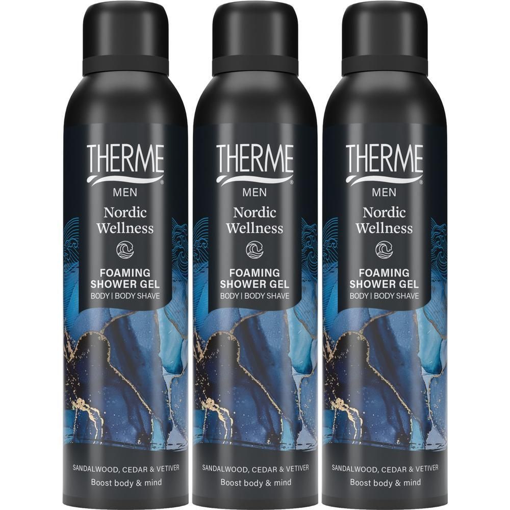 Trois aérosols noirs de Gel Douche Moussant Therme Nordic Wellness pour hommes.
