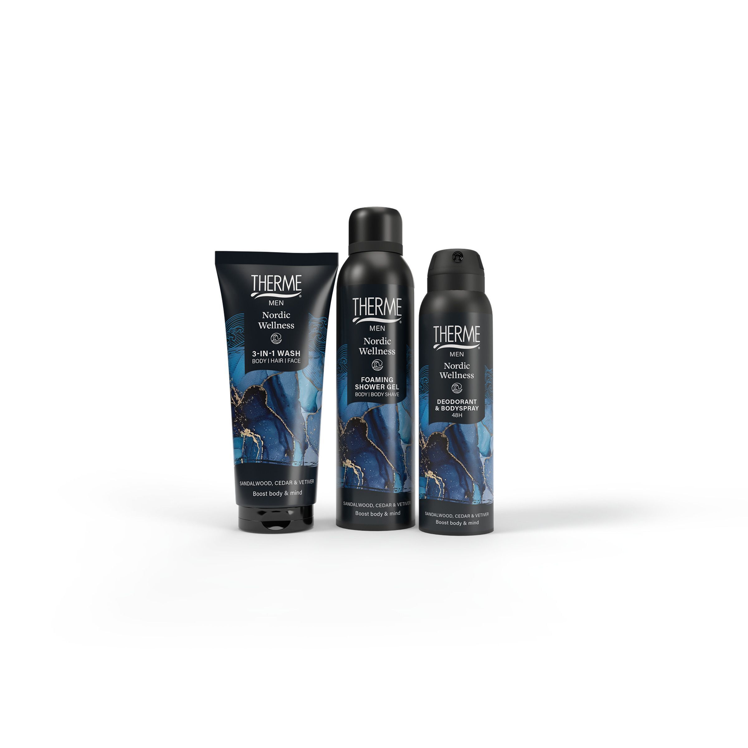 Therme Nordic Wellness douchegel tube, douchegel spuitbus en deodorant spray voor mannen.