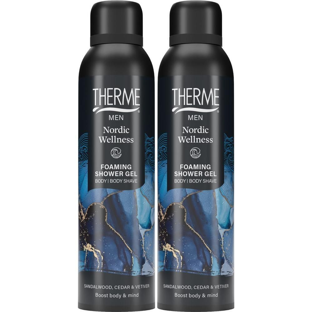 Twee zwarte bussen Therme Nordic Wellness Foaming Shower Gel voor mannen.