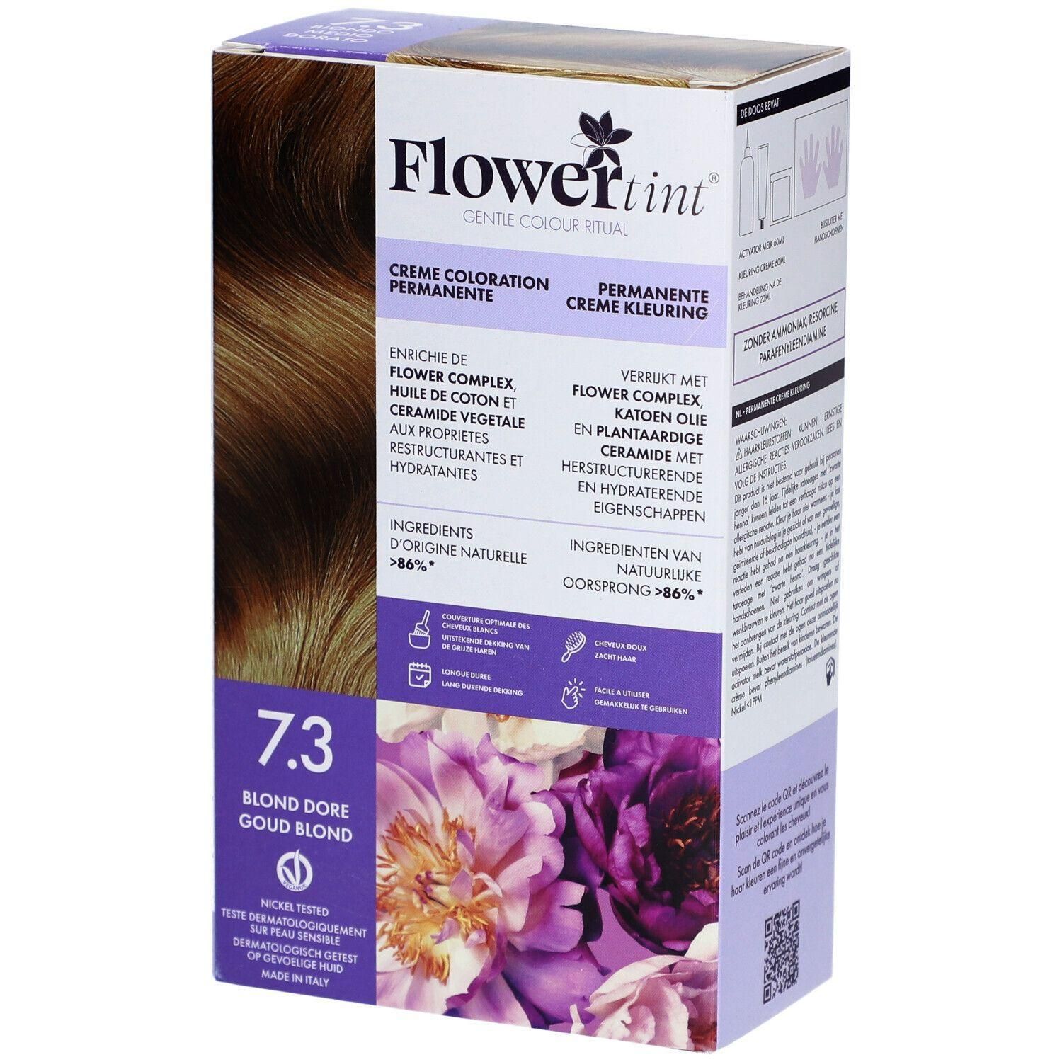 Flower Tint 7.3 Blond Doré coloration permanente. Boîte avec motif floral et mèches de cheveux.