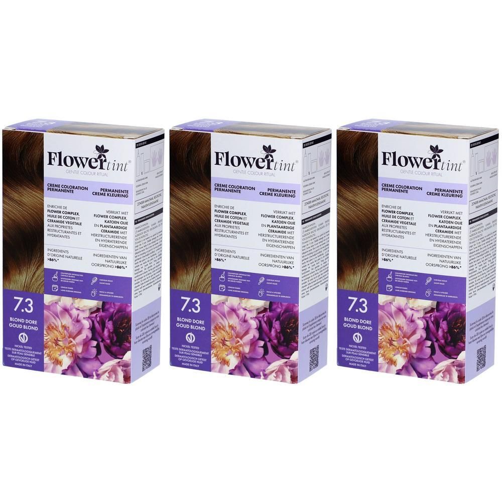 Drie pakken Flower Tint 7.3 Blond Doré permanente crèmekleurige haarverf met bloemenprint.