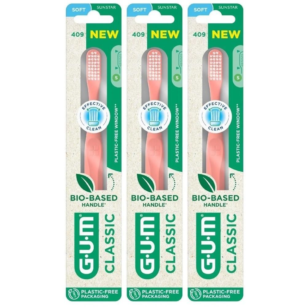 Trois brosses à dents GUM Classic Compact Soft roses, emballage sans plastique.