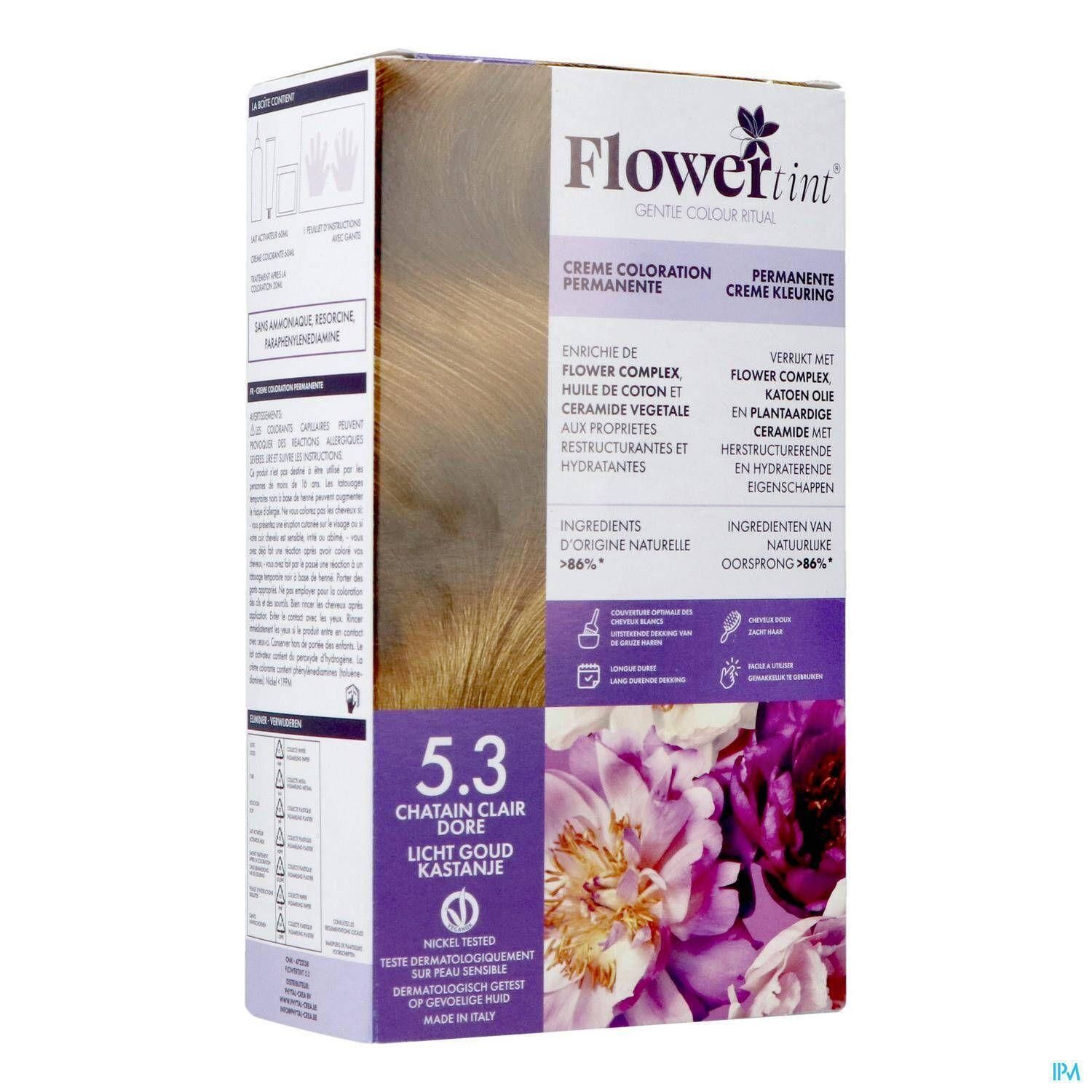 Boîte de coloration FlowerTint 5.3 Châtain Clair Doré avec motif floral et informations sur la couleur.