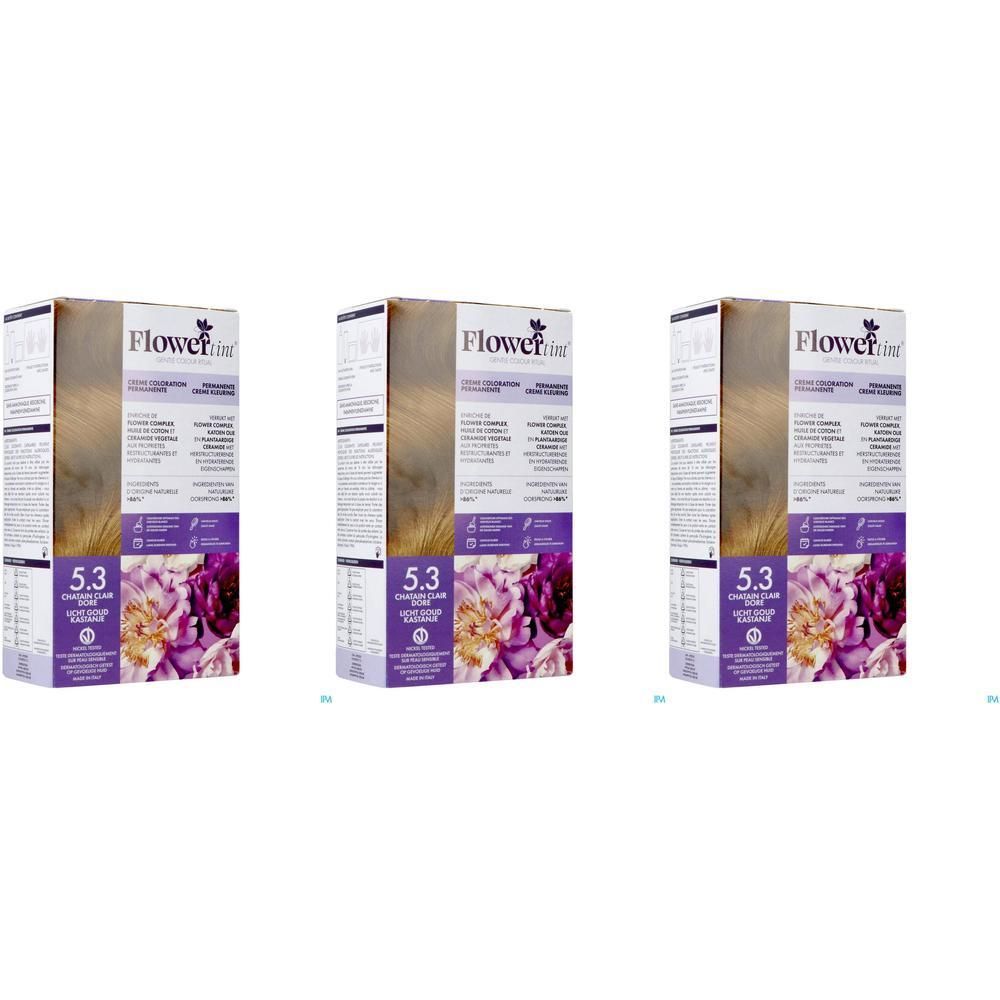 Drie dozen haarkleurmiddel, tint 5.3 Lichtblond Goudblond. Toont een haarstreng en bloemen.