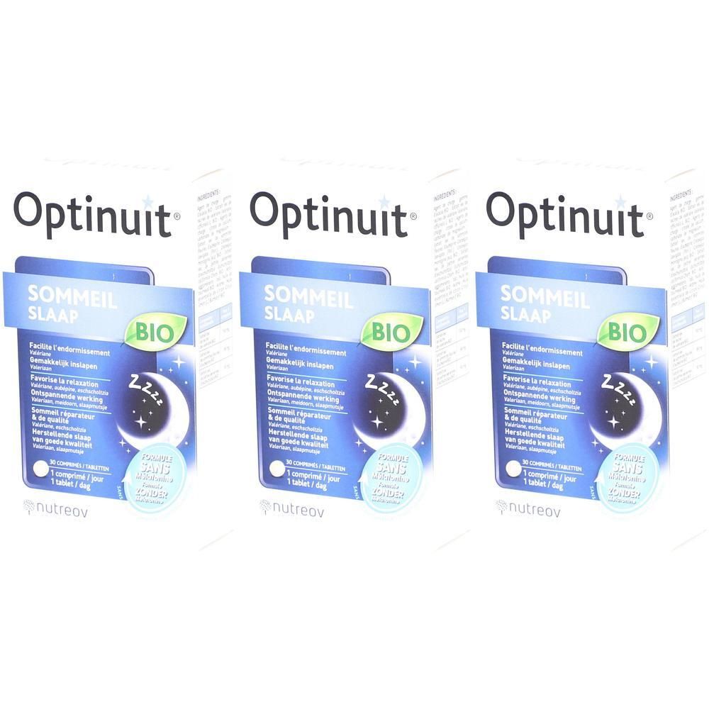 Trois boîtes Nutreov Optinuit Sommeil BIO pour un meilleur sommeil. Emballage bleu avec lune et étoiles.