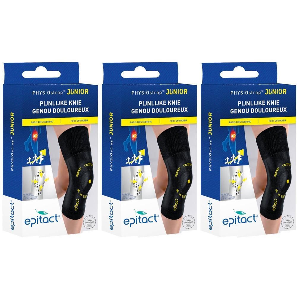 Drie Epitact PHYSIOstrap Junior kniebandages in verpakking. Zwarte bandages met gele markeringen.