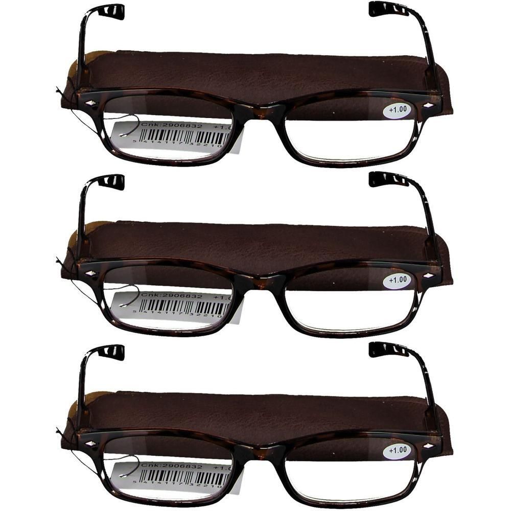 Trois paires de lunettes de lecture écaille de tortue marron, puissance +1.00.