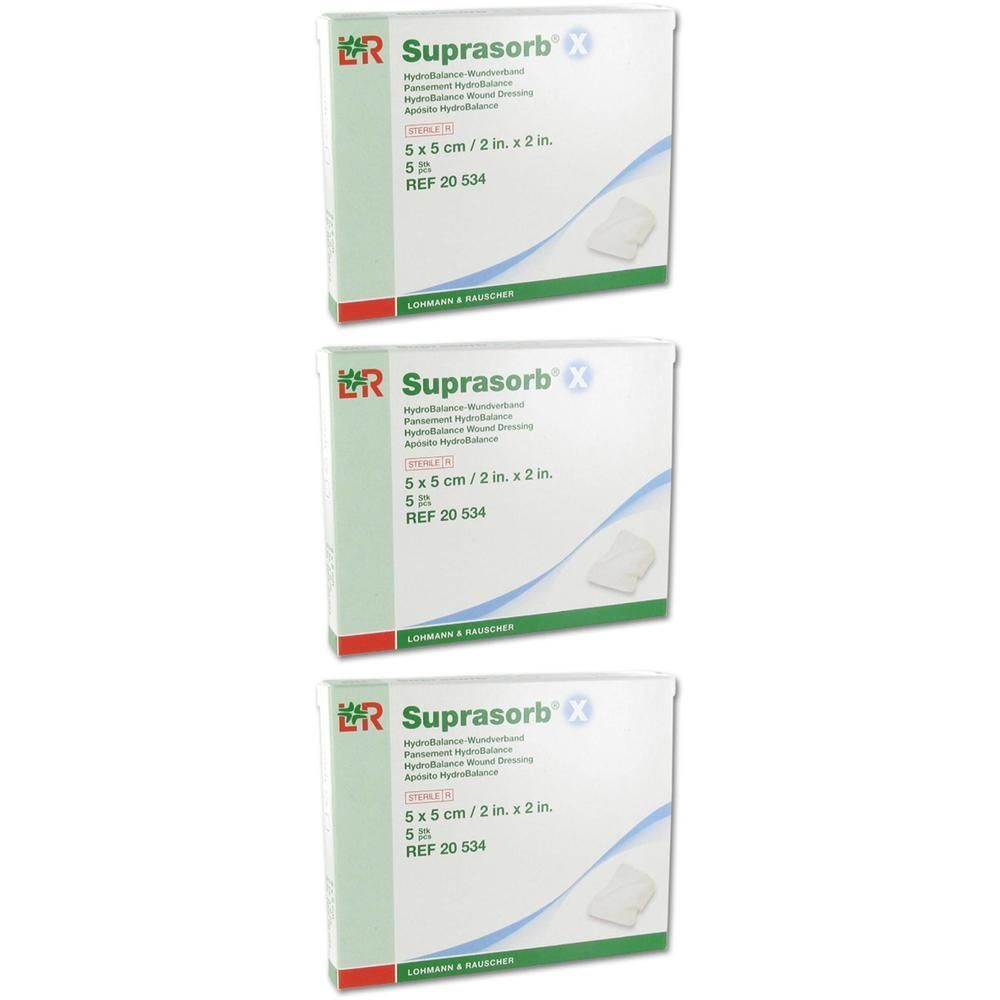 Drie pakken Suprasorb X wondverbanden, 5x5cm.
