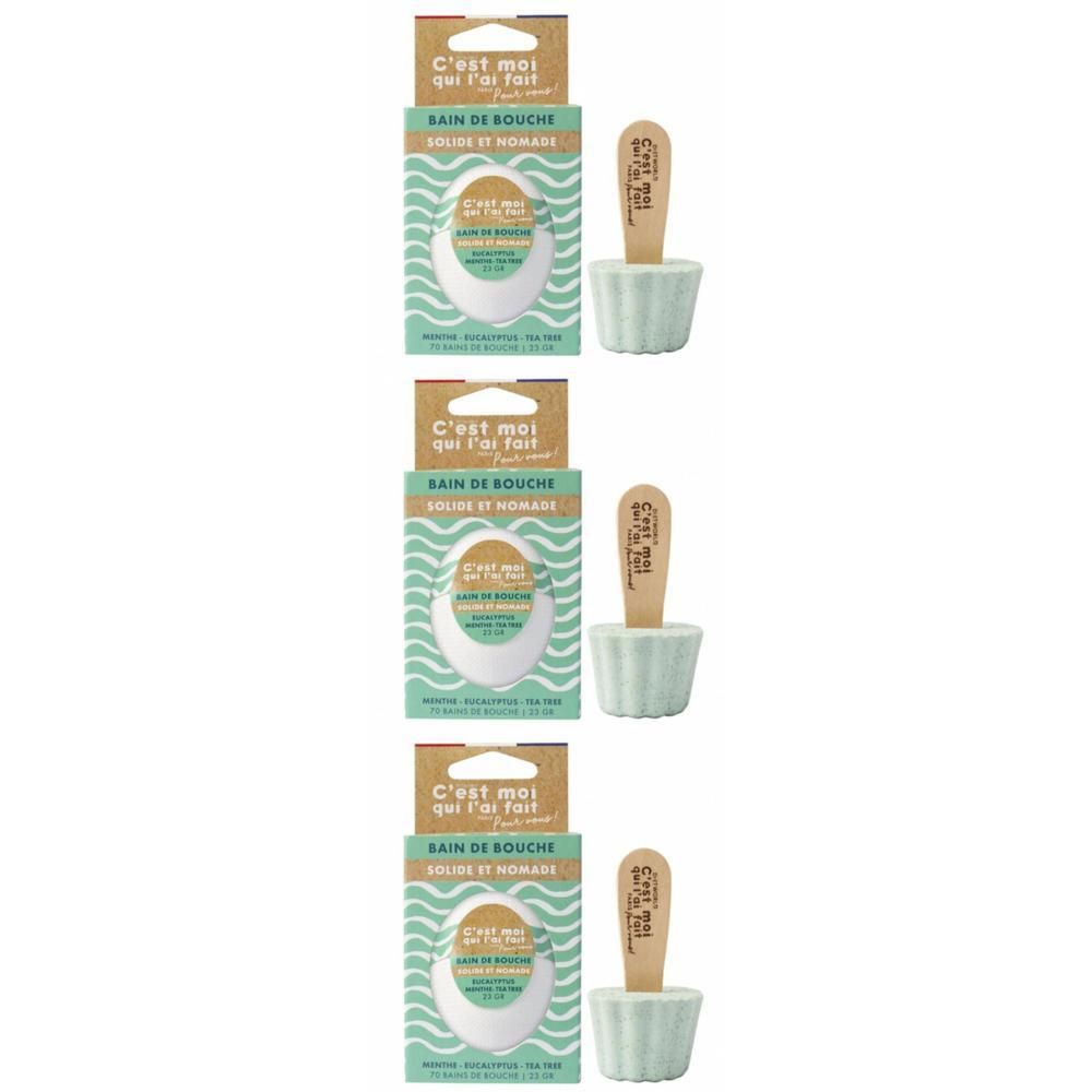 Trois paquets de bain de bouche solide avec spatule en bois et gobelet.