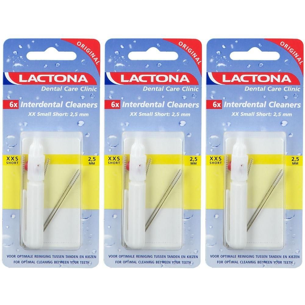 Trois paquets de brossettes interdentaires Lactona, XXS Court, 2,5 mm. Chaque paquet contient 6 brossettes.