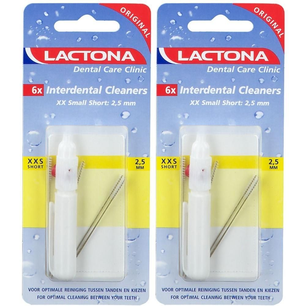 Twee pakken Lactona Interdentale Borsteltjes XXS Short, 2,5 mm. Elk borsteltje heeft een witte steel en een kleine borstelkop.