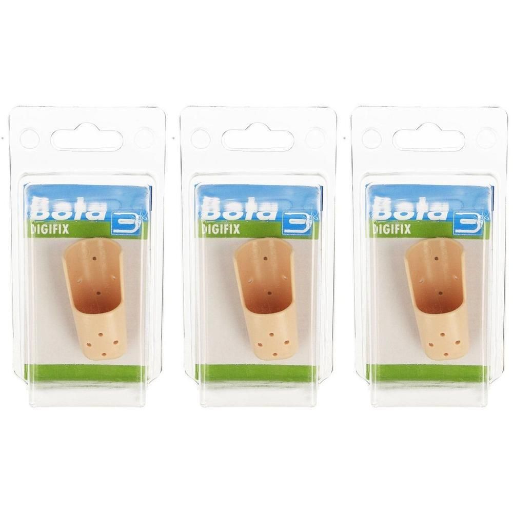 Trois capuchons Bota Digifix pour doigts en emballage individuel. Beige, avec perforations.