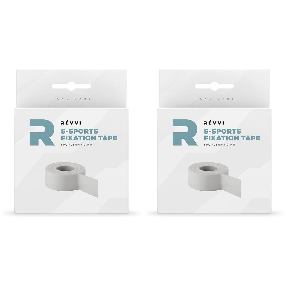 Twee verpakkingen RÉVVI S-Sport Fixatietape. Elke verpakking bevat een rol witte tape.