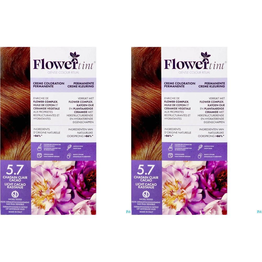 Deux boîtes de teinture capillaire FlowerTint 5.7 Châtain Clair Cacao.