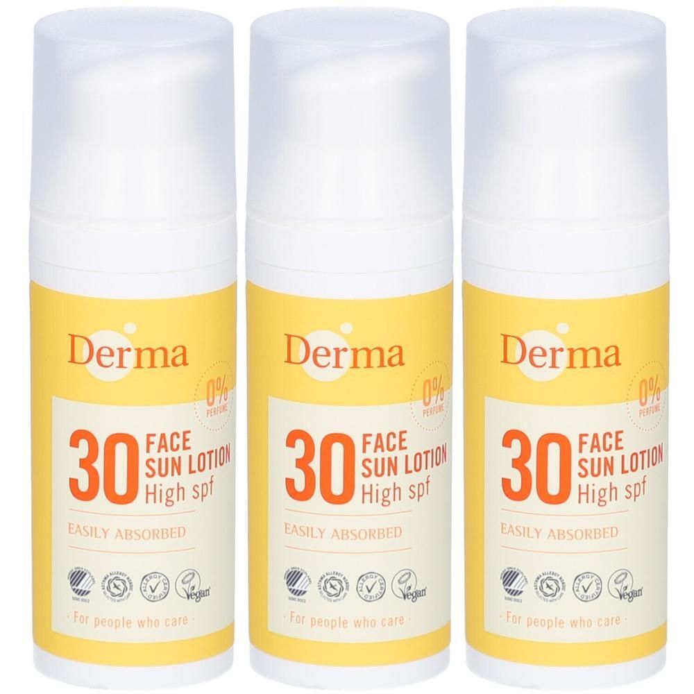 Trois flacons de Derma Face Sun Lotion SPF 30. Facilement absorbé, sans parfum.
