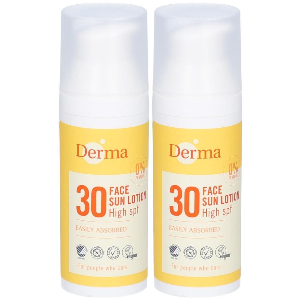 Twee flacons Derma Gezichtszonnebrandcrème SPF 30, gemakkelijk geabsorbeerd, 0% parfum.