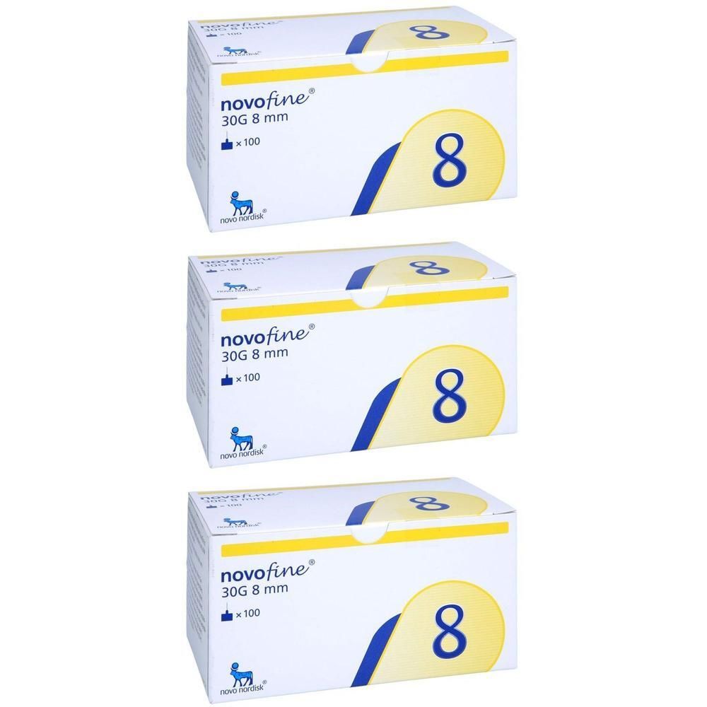 Drie dozen Novofine 30G 8 mm injectienaalden, 100 stuks per doos.